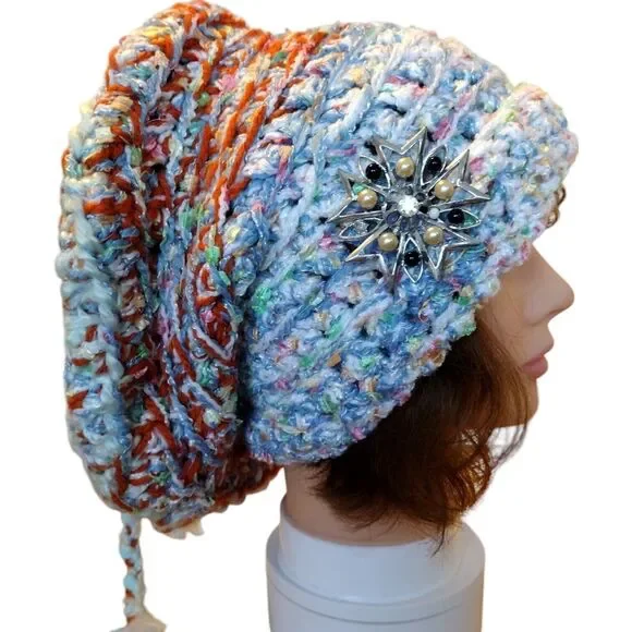 Handmade Crochet Knit Multi-fiber Boho Slouchy Beret Hat